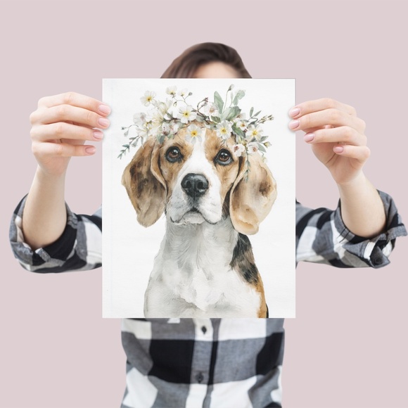 Watercolor Beagle Dog Wall Art Print – Floral Crown Dog Illustration | Unframed - Picture 4 of 5
